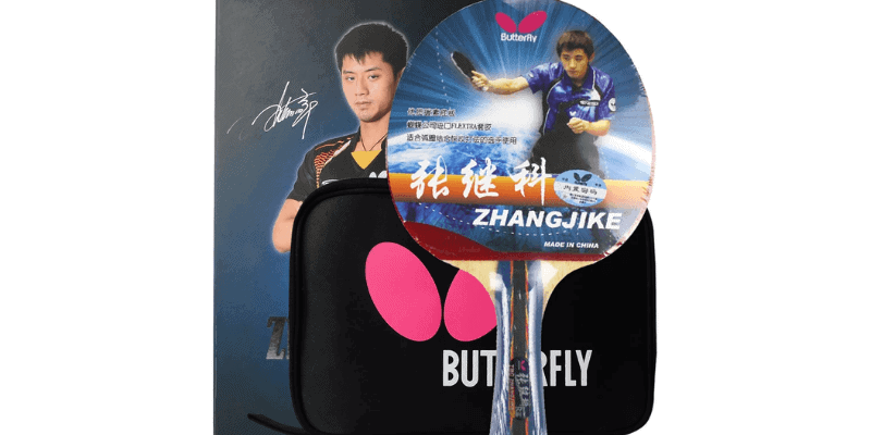 Zhang Jike ping pong paddle with Butterfly case and packaging featuring his image, signature, and professional branding.