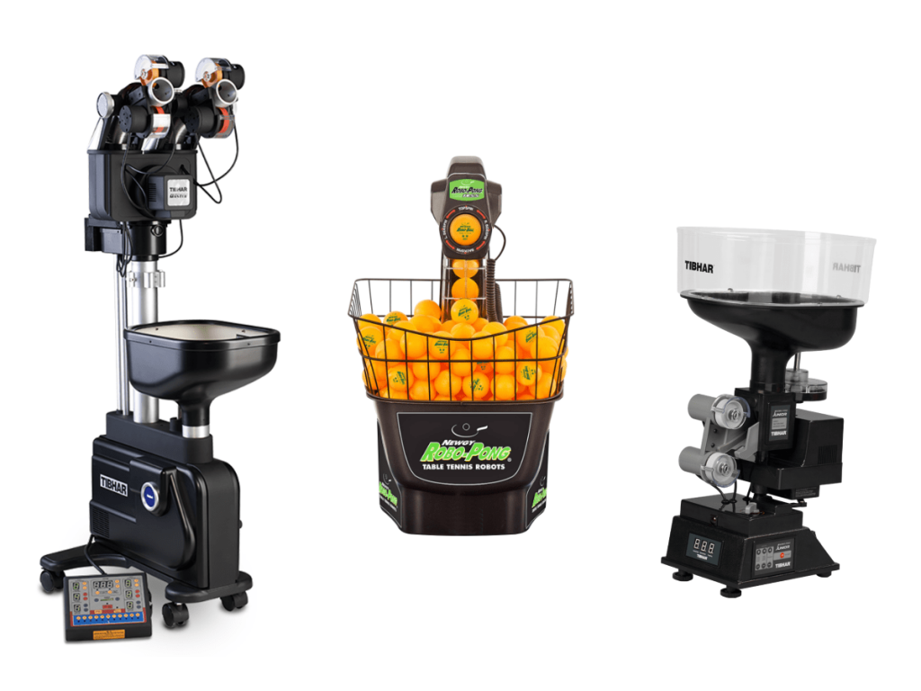 Three different table tennis robots with ball containers and control panels, showcasing training equipment variety.